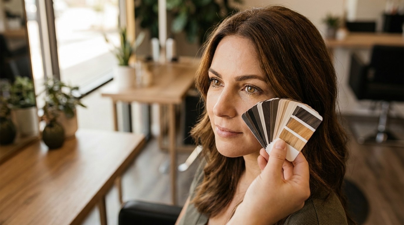 Rich warm brunette hair color flattering brown eyes, styled at Studio One Hair Design Fresno