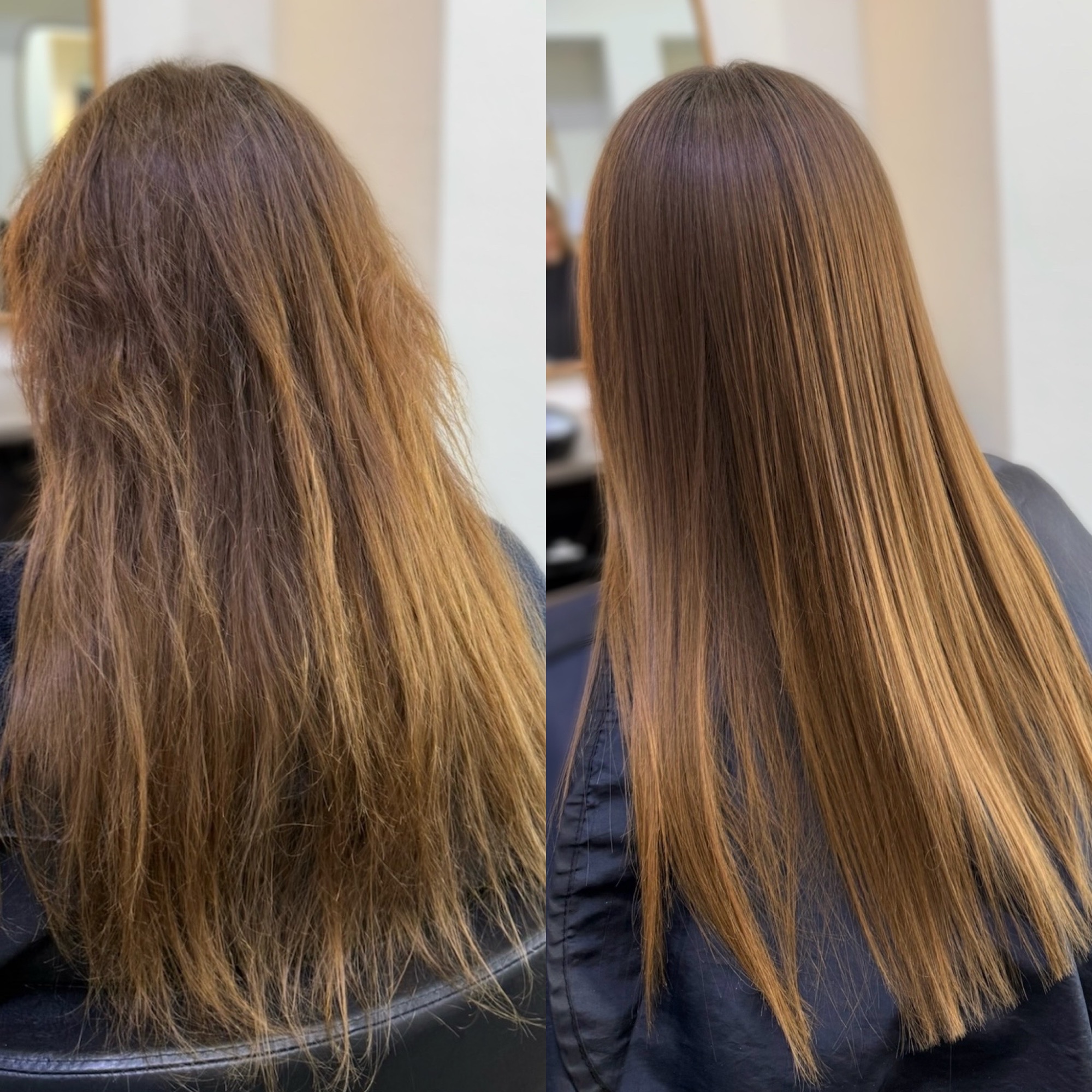 Frizz-free, smooth hair after a Brazilian Keratin Treatment on colored hair at Studio One Fresno