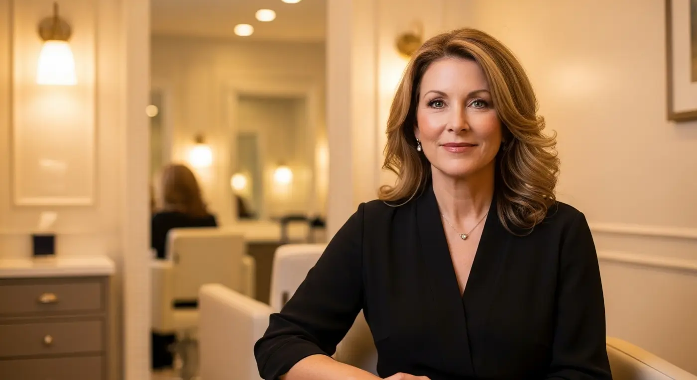 Elegant woman in her 50s in a private consultation suite at Studio One Fresno