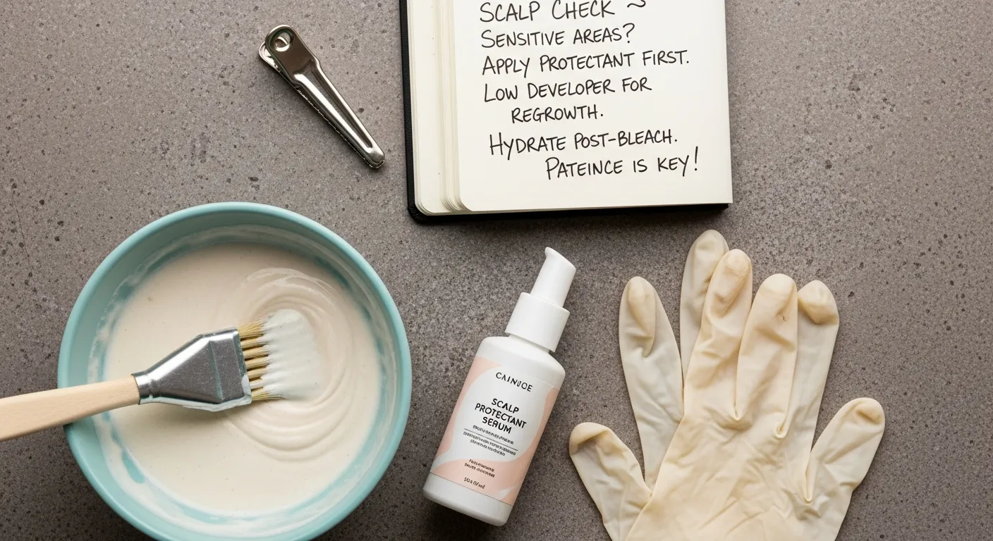 Bowl of lightener with a tint brush, scalp protectant serum, gloves and a stylist’s notes on protecting the scalp during an on-scalp bleach service